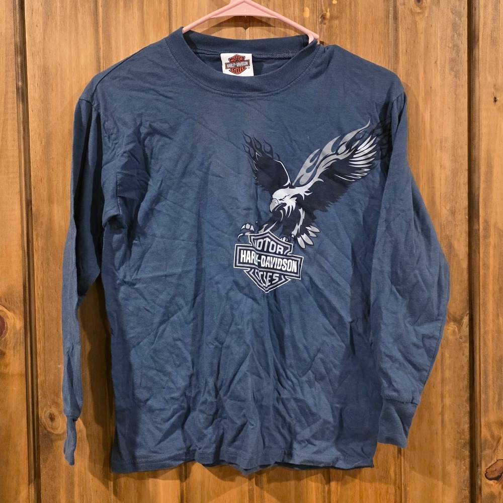 Harley Davidson Motor Cycles Tee Boys Ensign Blue M(10-12) Sky Flyer Long Sleeve